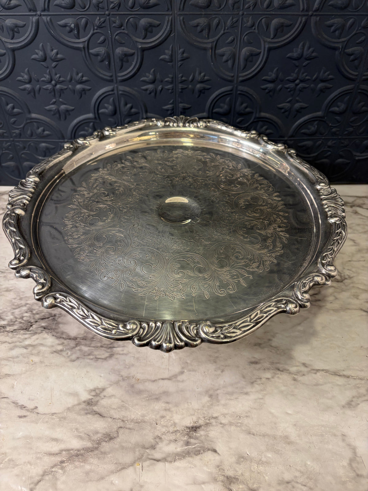 Silver Plated Pedestal Cake Stand Etched