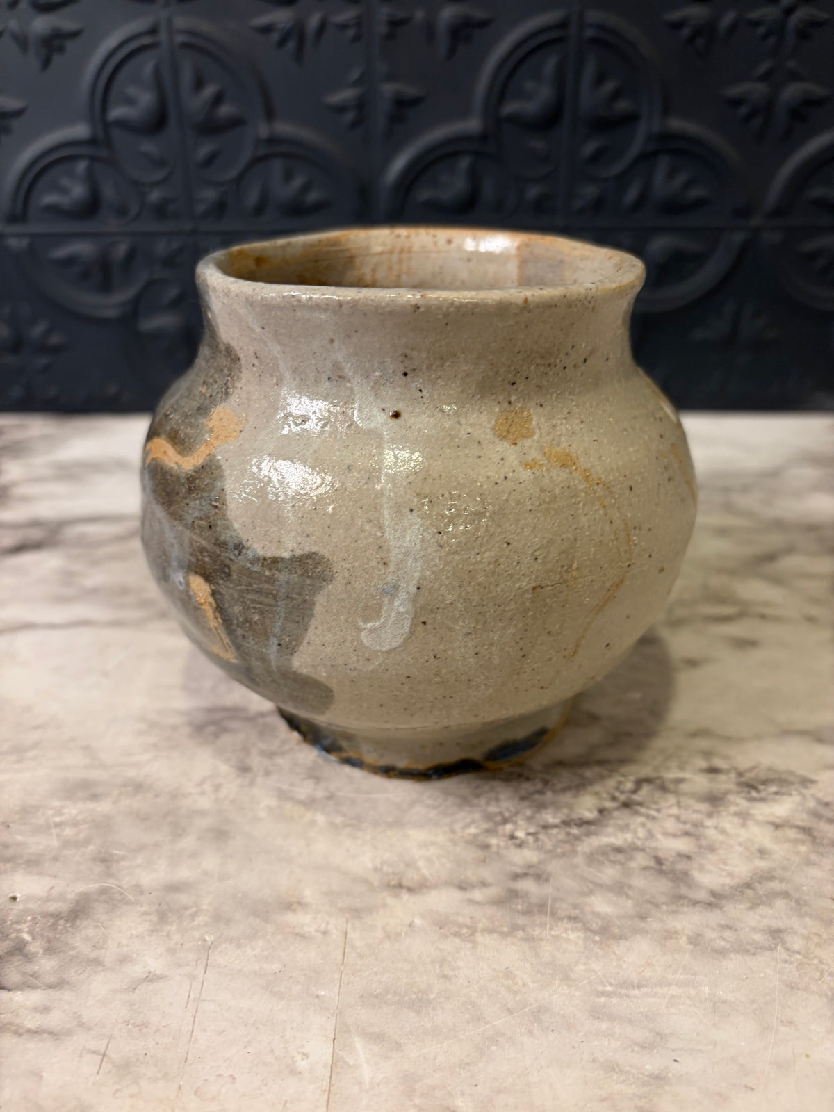 Studio Pottery Flare Mouth Vase 4" Tan andGreen