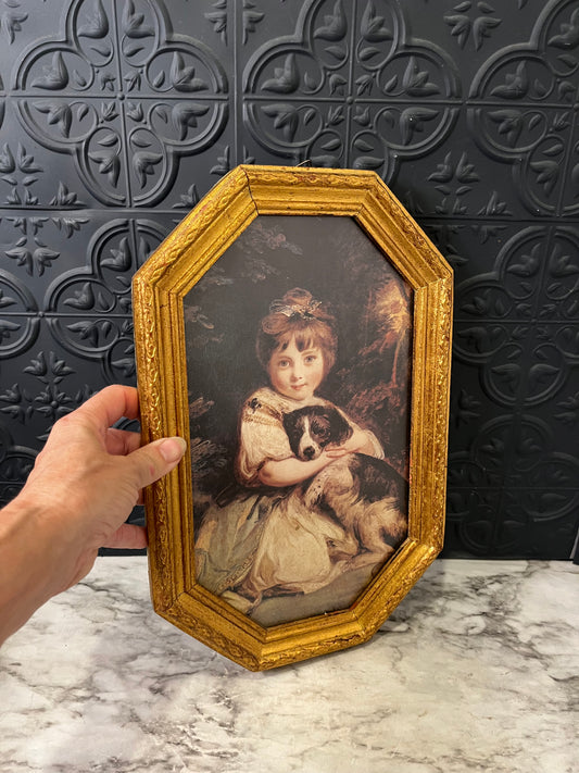 Girl with Dog in Gold Octagon Frame