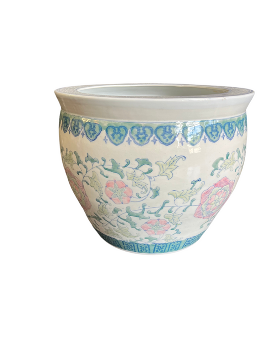 Large Blue and Pink Chinoiserie Fish Bowl Planter