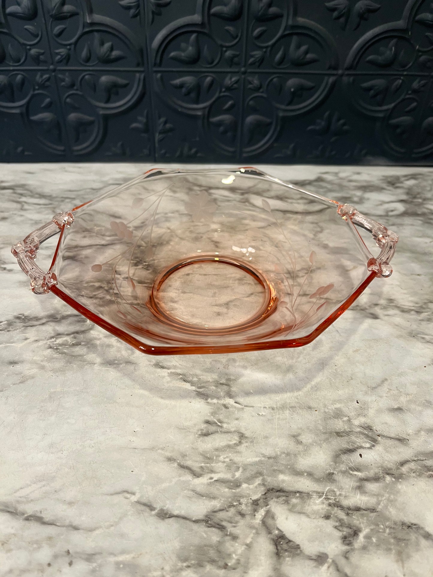 Pink Glass Octagon Etched Dish
