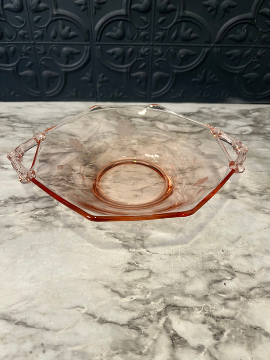 Pink Glass Octagon Etched Dish