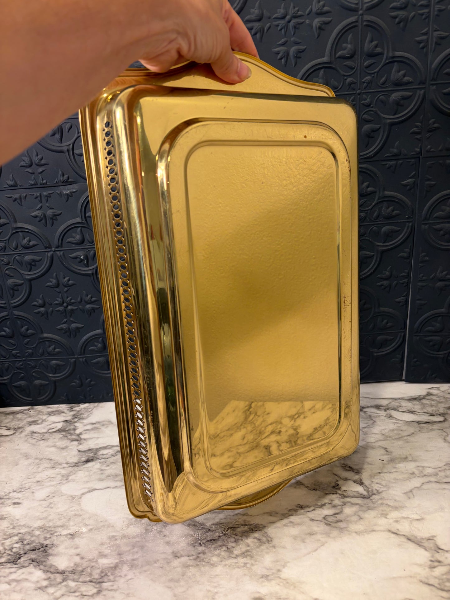 Shiny Brass Tray with filigree edge Rectangle