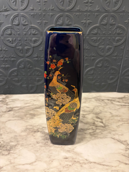 Dark Blue Square Japanese Vase with Peacocks