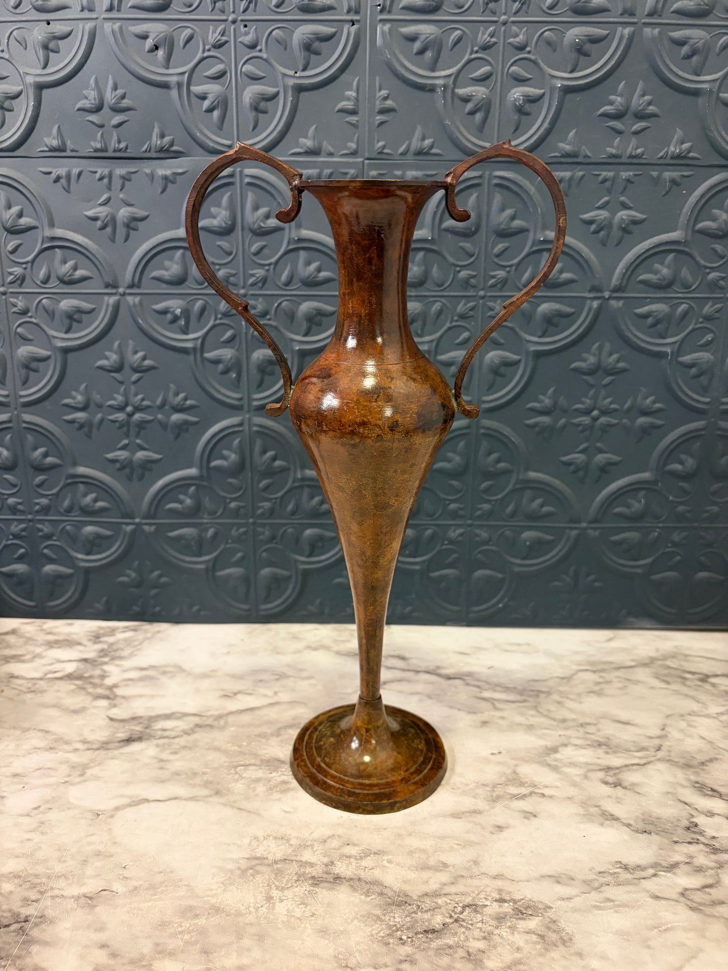 Tall Thin Vase with Handles Brown Metal