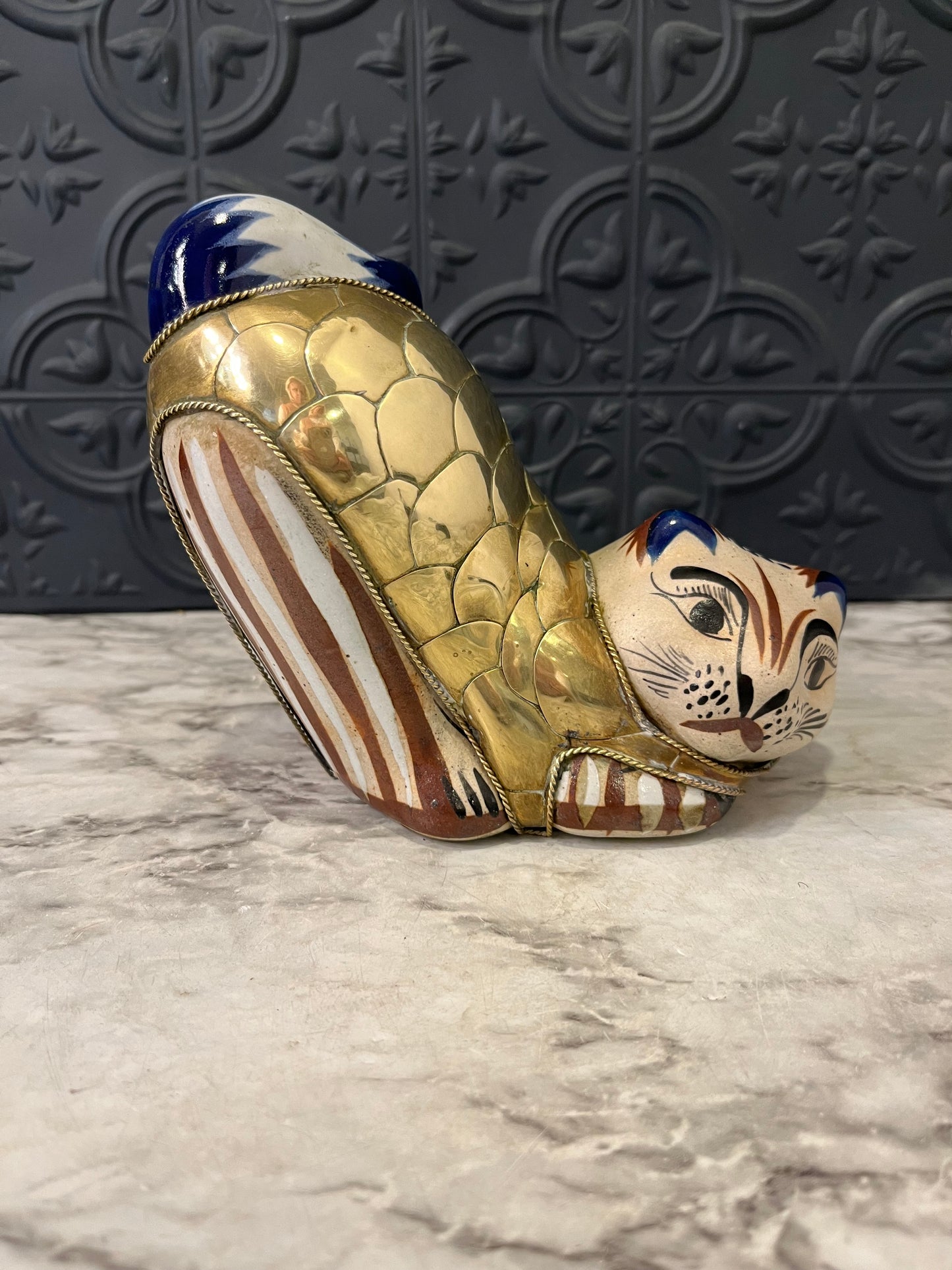 Vintage Tonala Mexican Stretching Ceranic Cat with Brass Scales