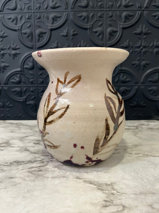 Fluted Cream Pottery Vase with Leaf design