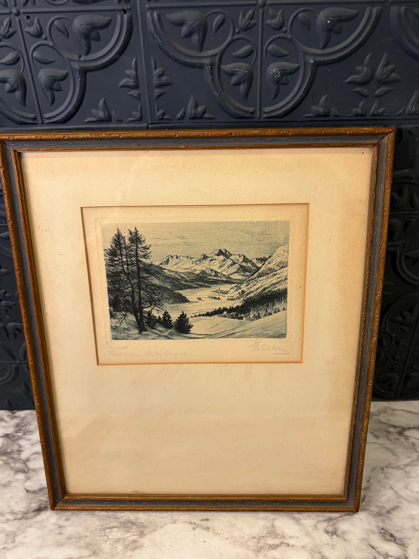 Print of Etching of Swiss Piz La Margna Framed