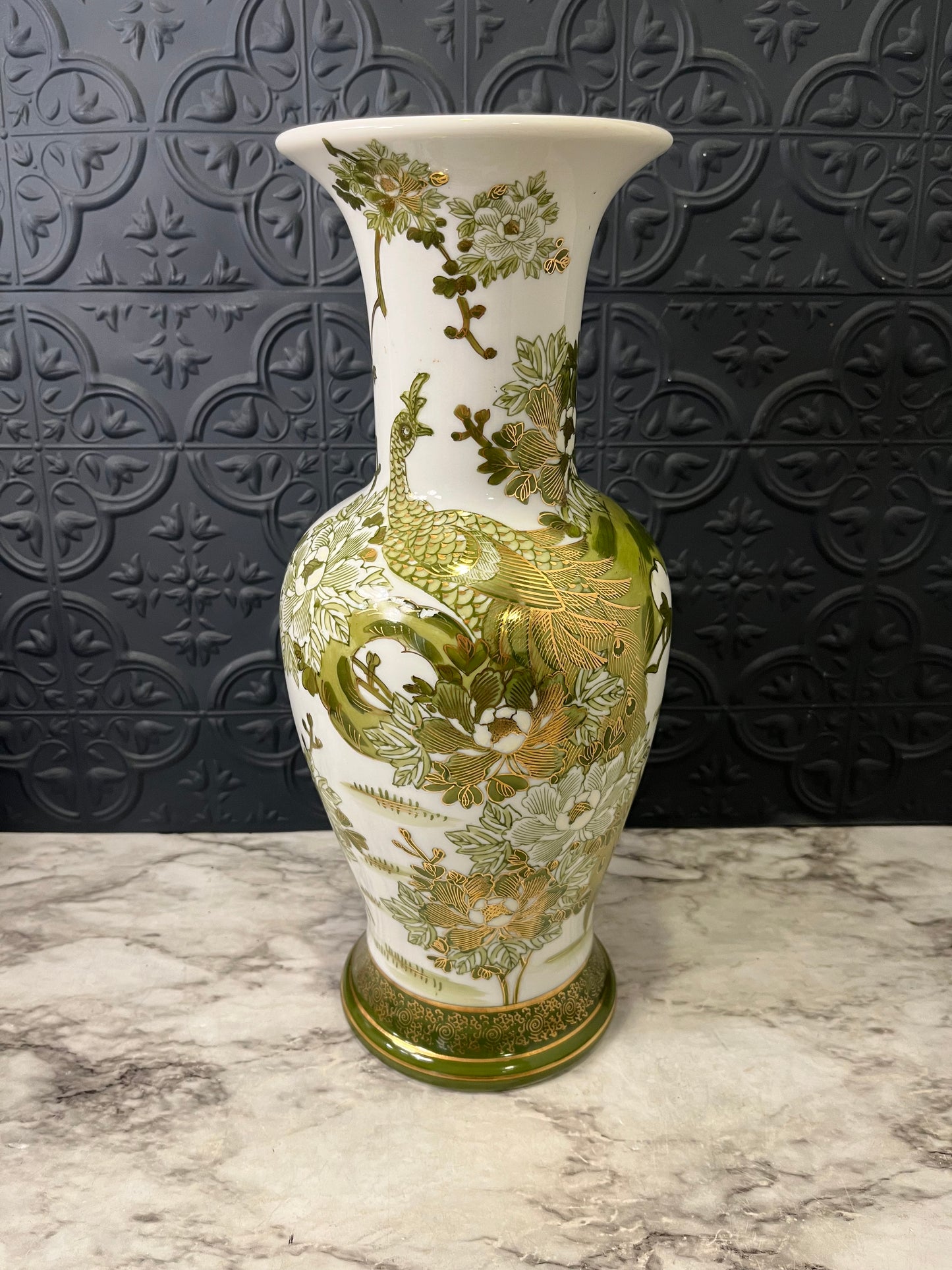 Kutani Green and White Peacock Vase Large