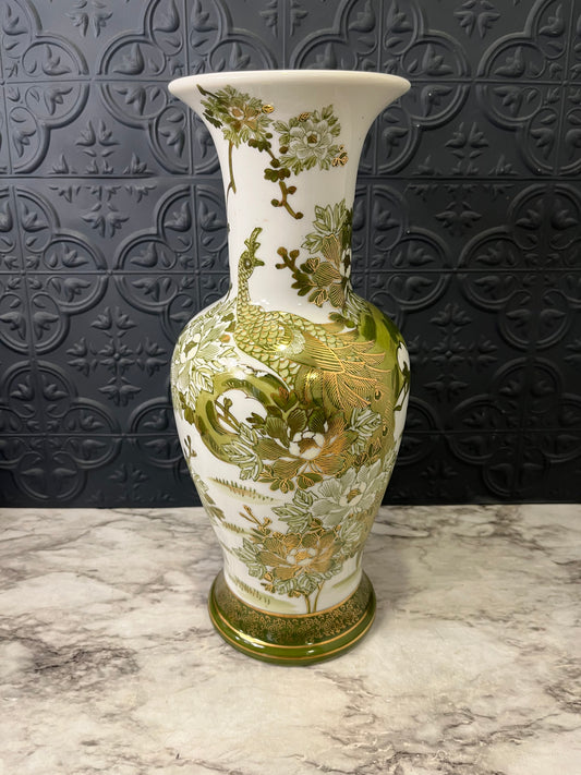 Kutani Green and White Peacock Vase Large