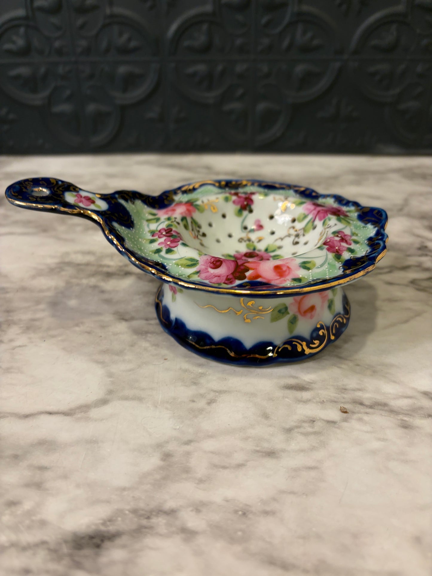 Antique Blue and Gold Tea Strainer Hand Painted