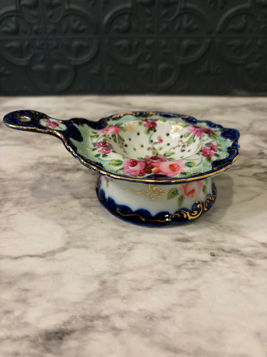 Antique Blue and Gold Tea Strainer Hand Painted