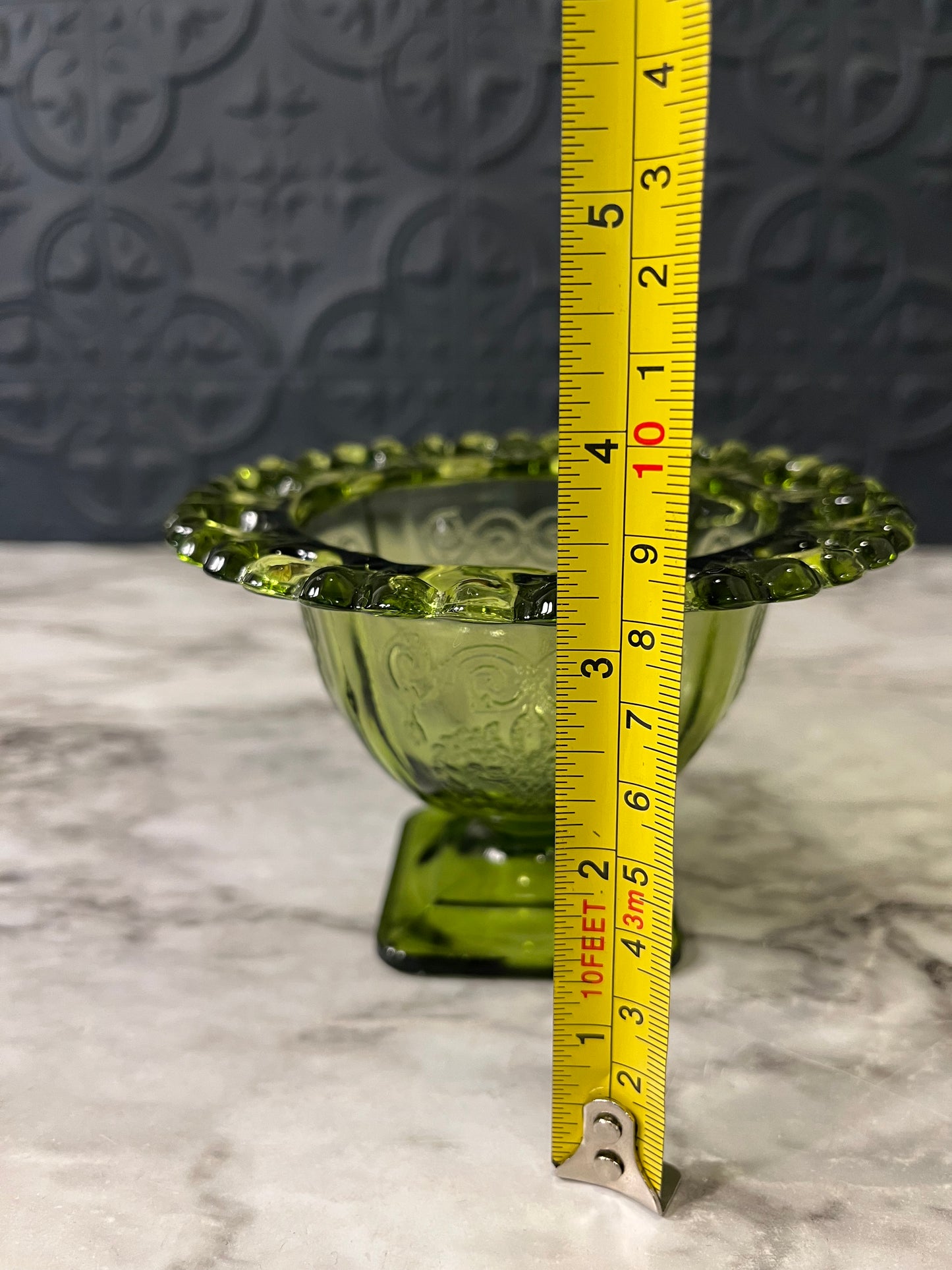 Green Glass Lace Edge Pedestal Bowl