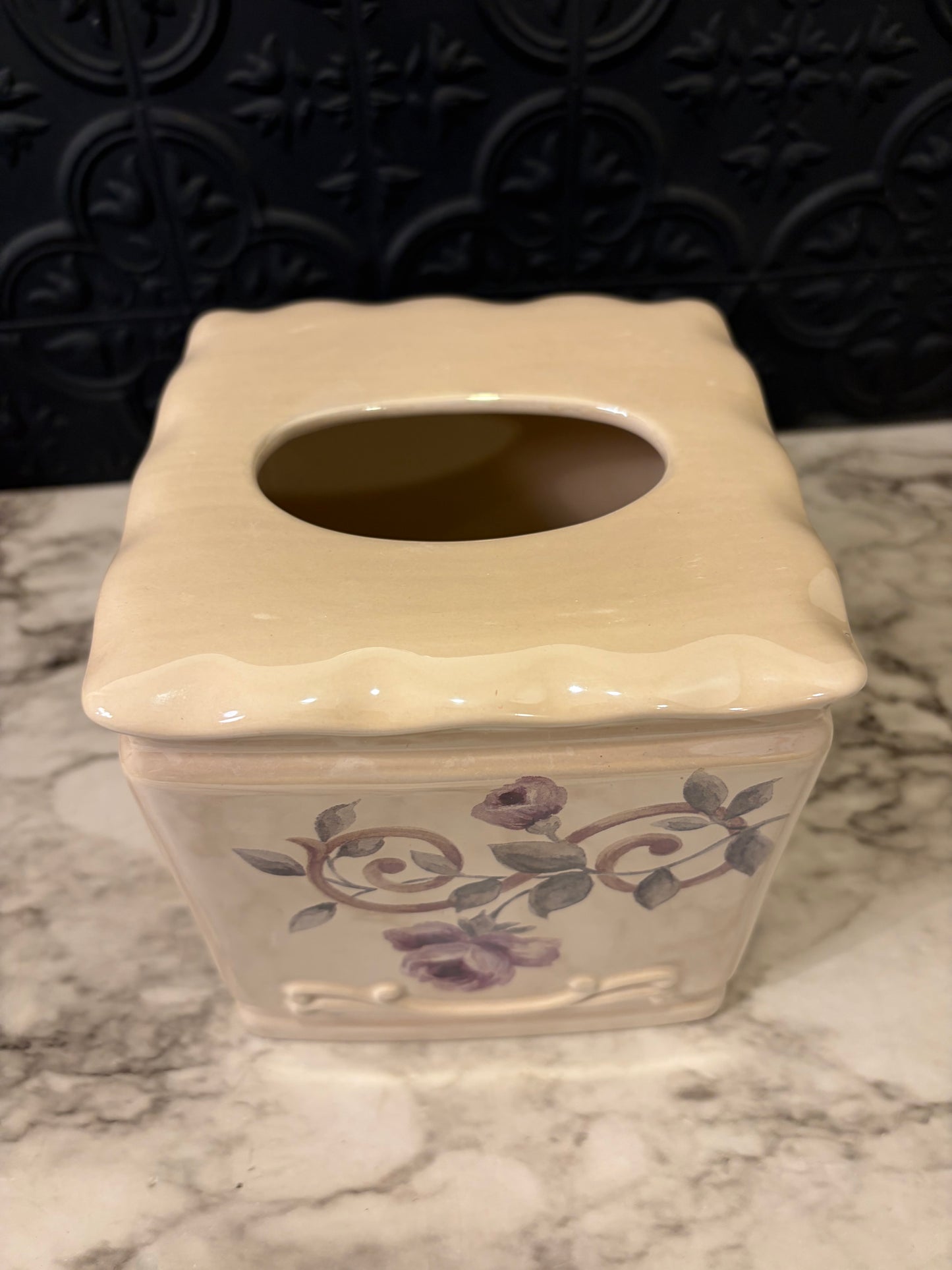 Cream and Purple Floral Tissue Box Holder
