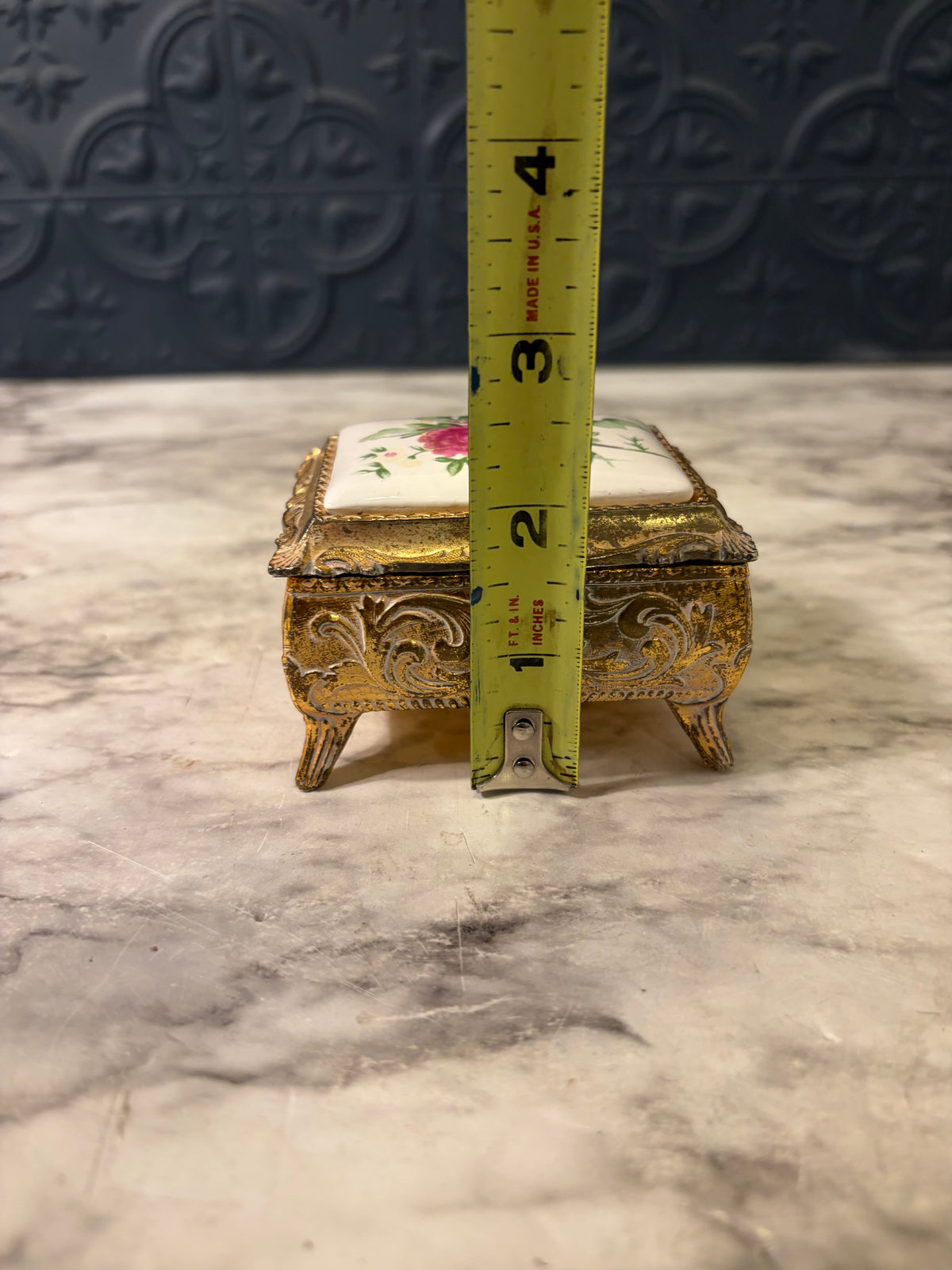 Cast Metal Trinket box with Porcelain Rose Top