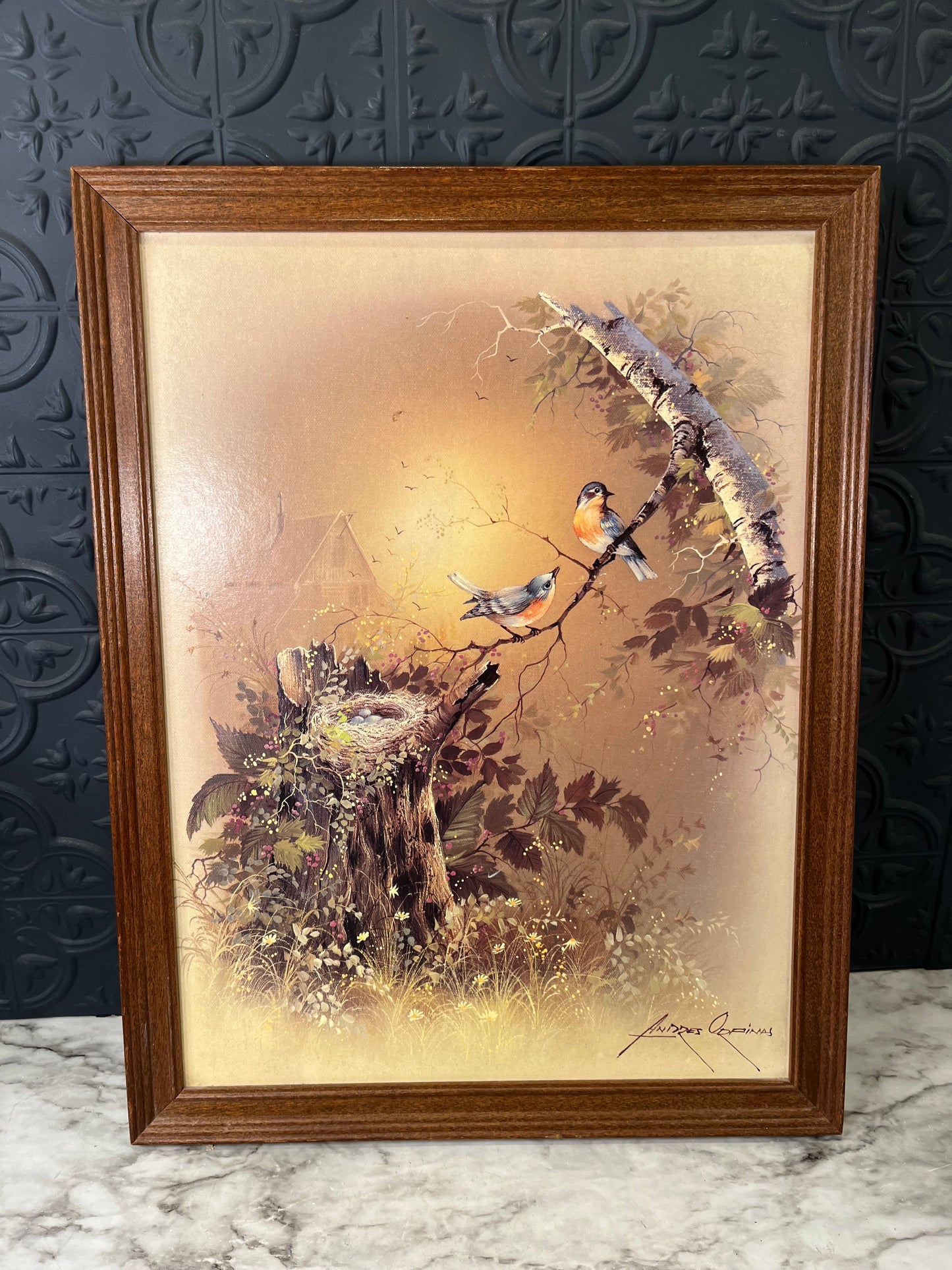 Birds on a branch Vintage Print on board
