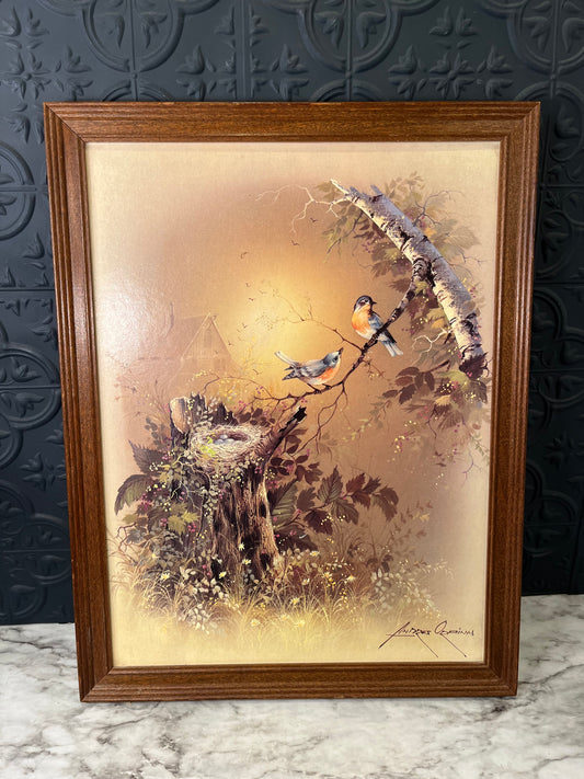 Birds on a branch Vintage Print on board