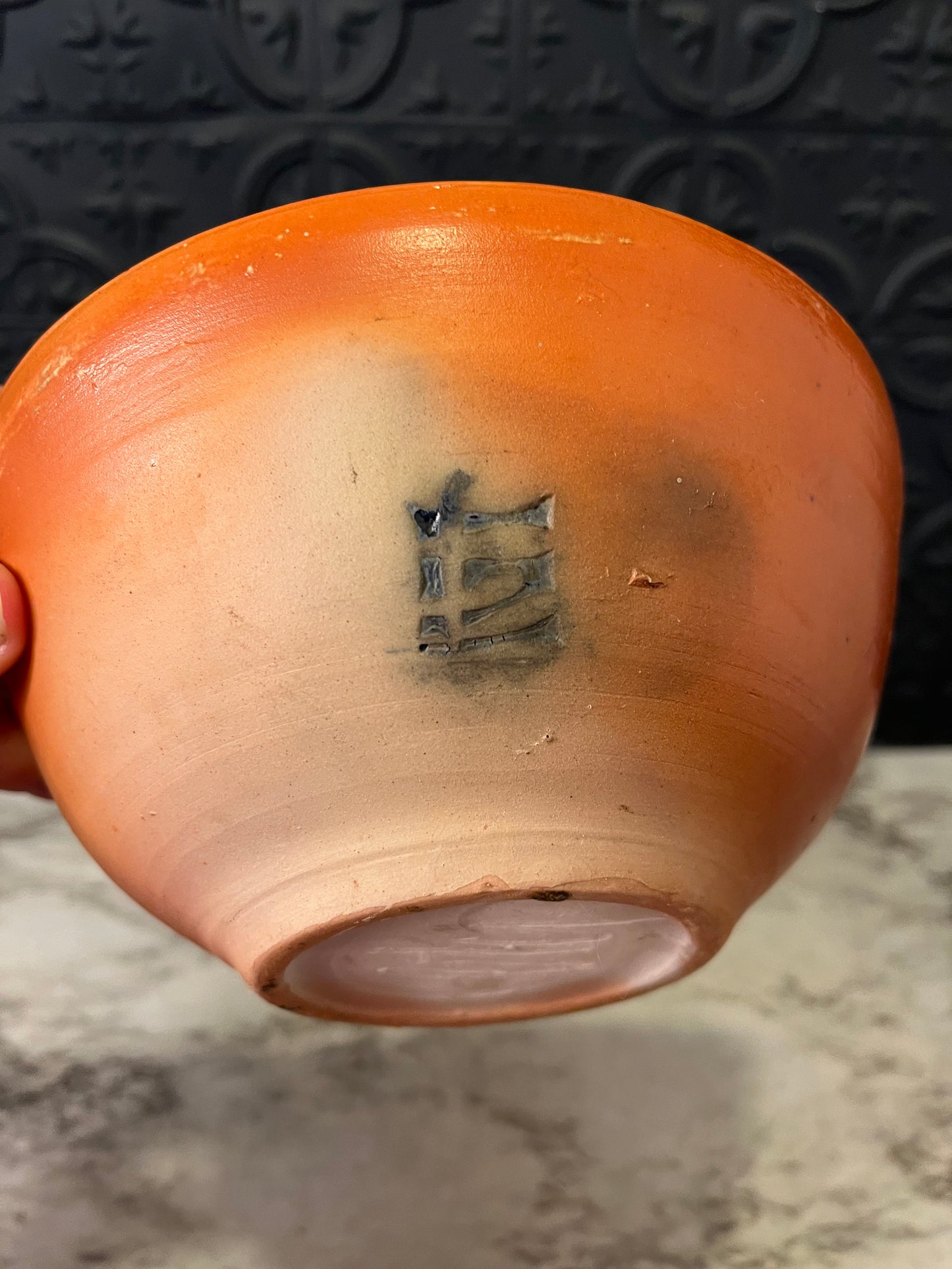 Orange Bowl with Green Inside Pottery