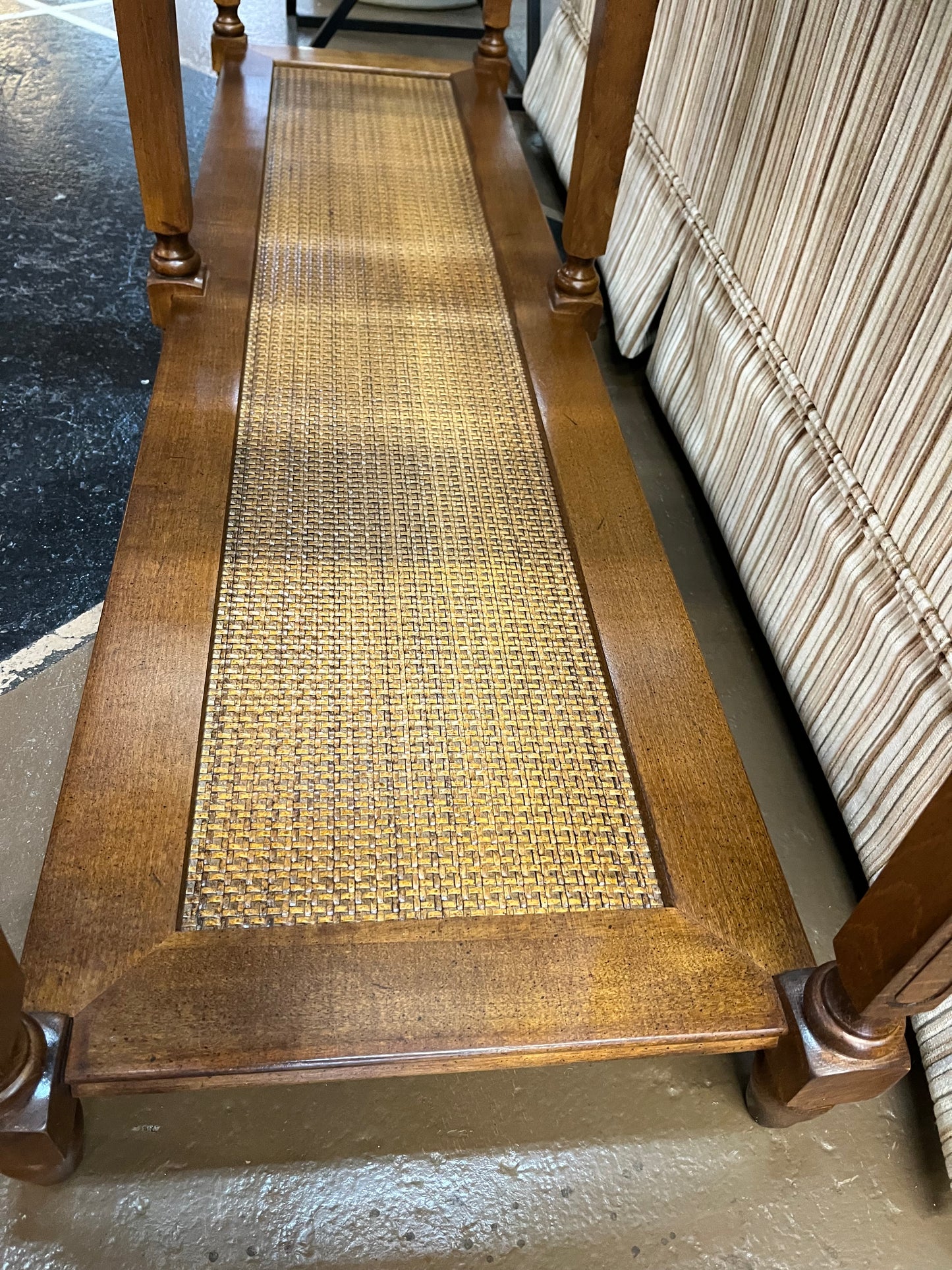 Vintage Wood and Glass Sofa Table with Faux Cane Shelf