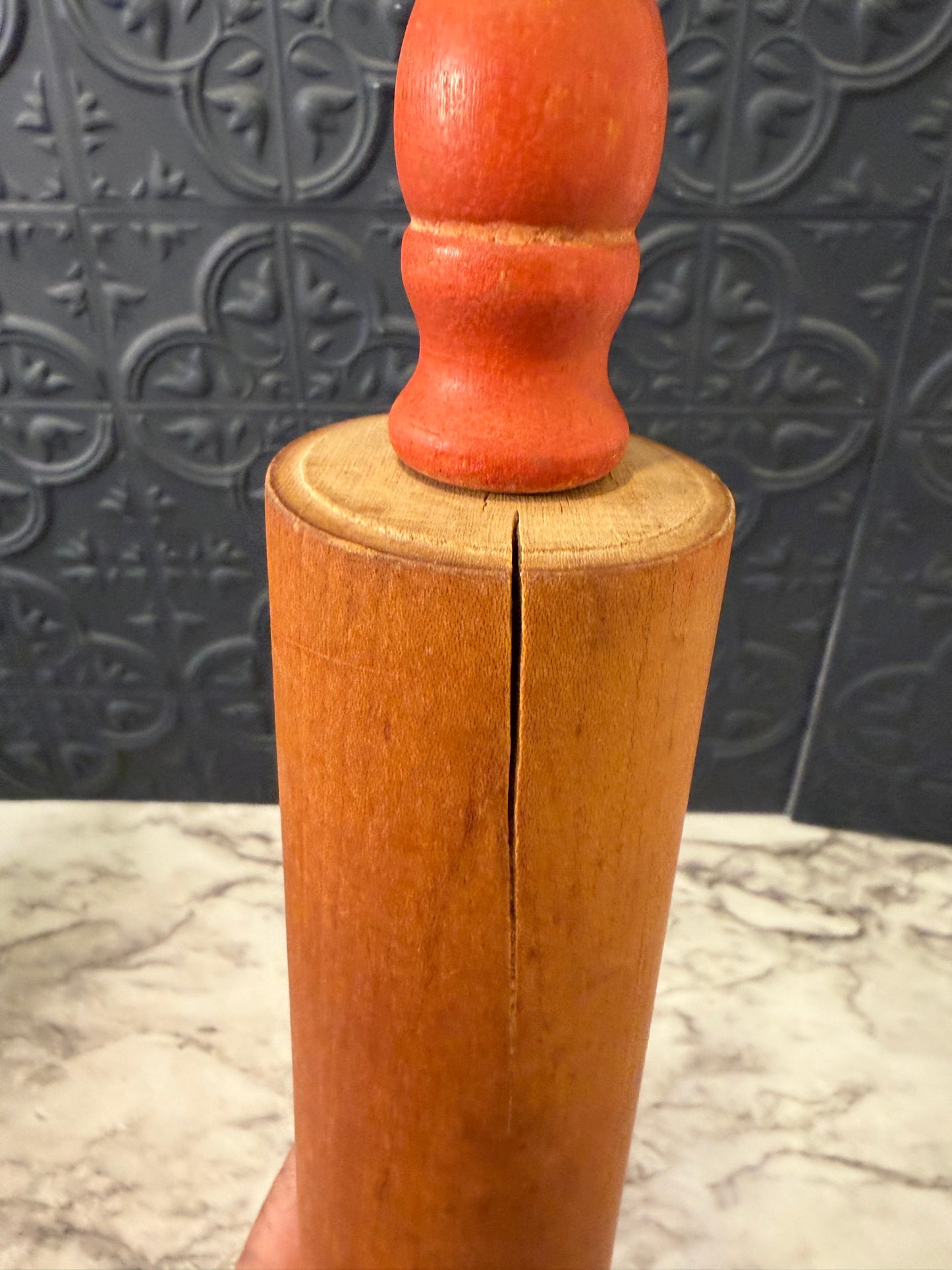 Wooden Rolling Pin with Faded Red Turned Handle