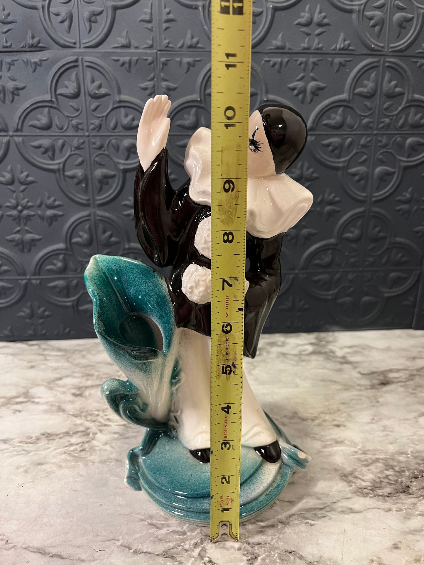 Vintage Black and white Mime Statue with Green floral