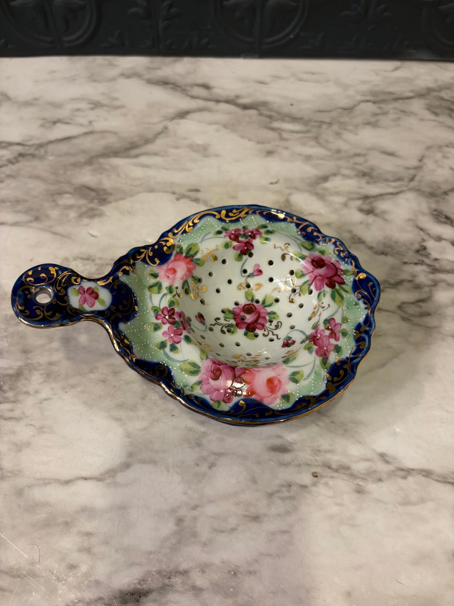 Antique Blue and Gold Tea Strainer Hand Painted