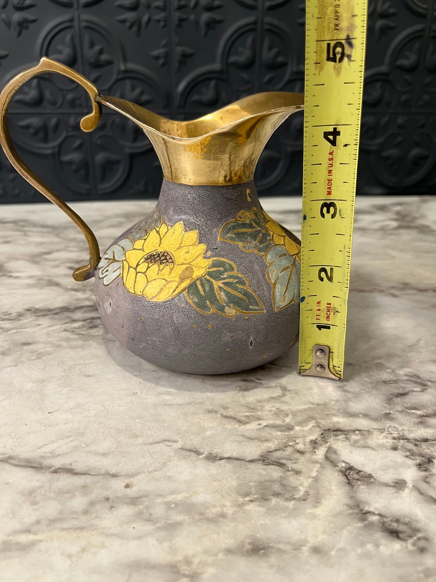 Brass and Enamel Pitcher with Sunflower