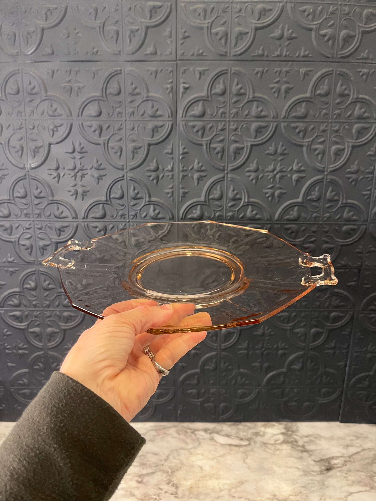 Pink Glass Serving Tray with Handles and ribbing