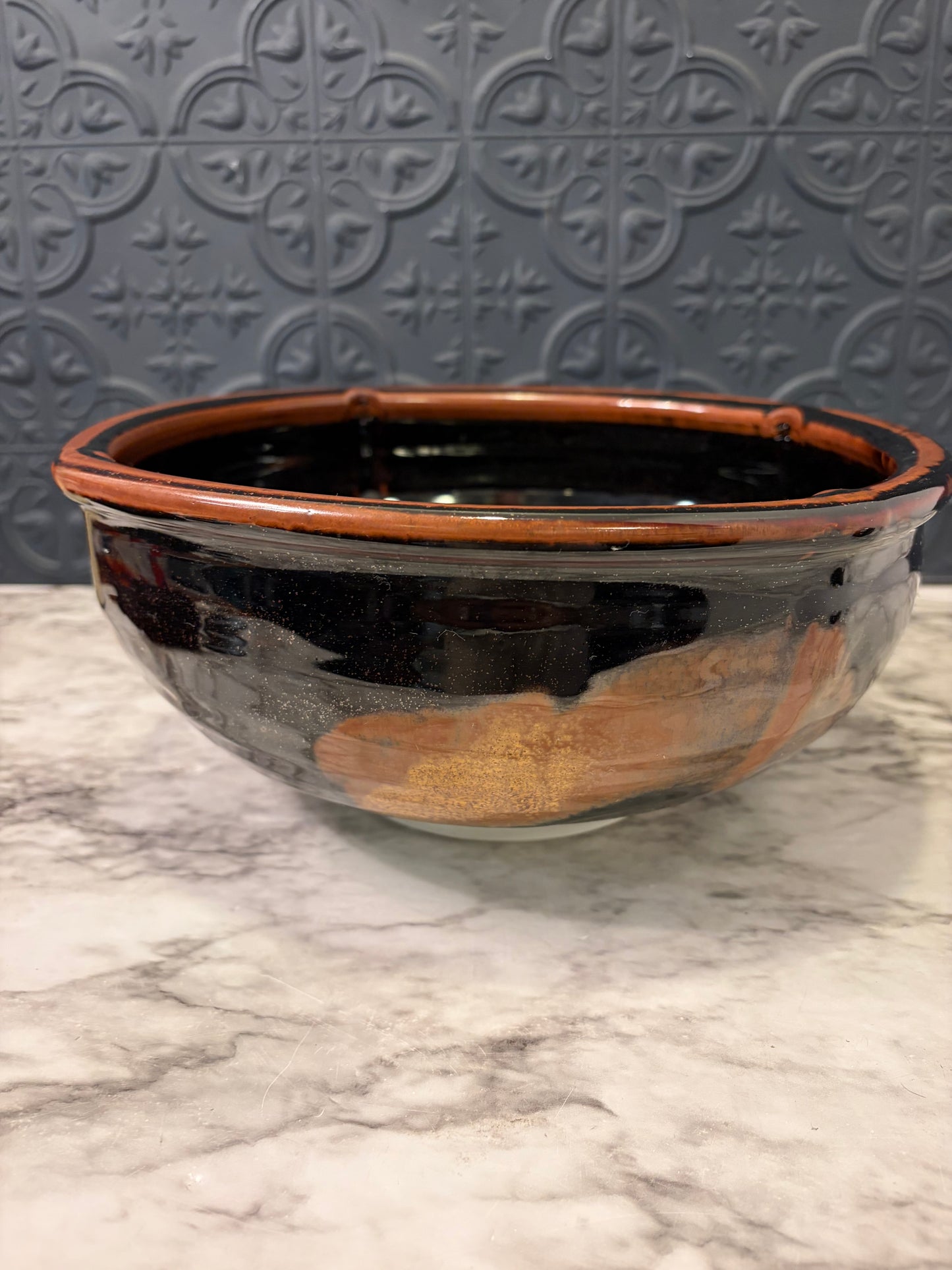 Large Studio Pottery Black and Orange Fruit Bowl