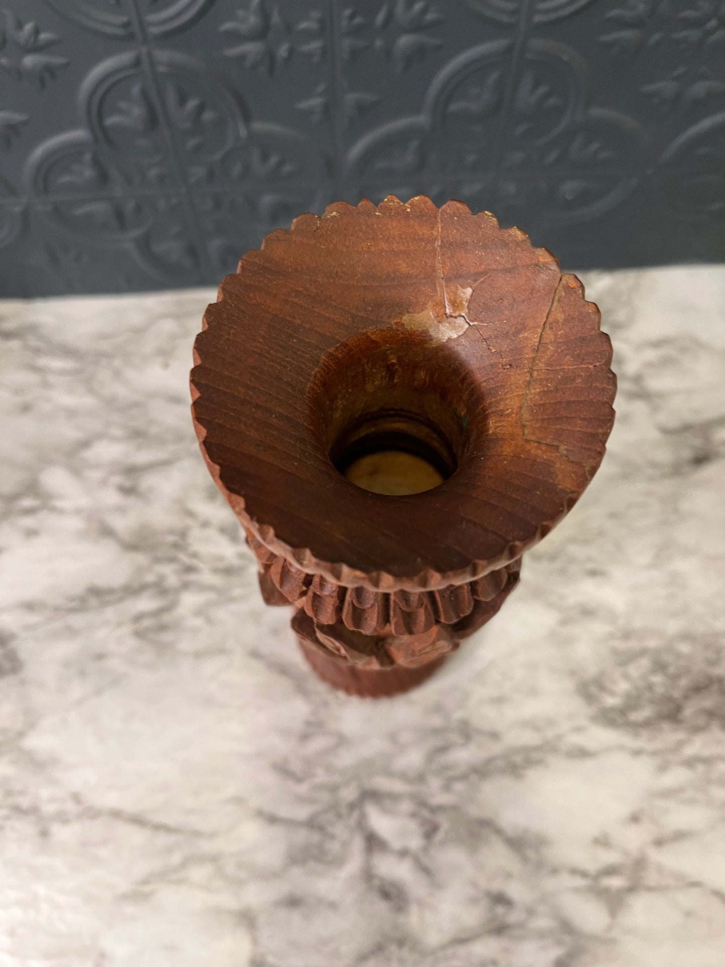 Hand Carved Wood Vase with Flowers
