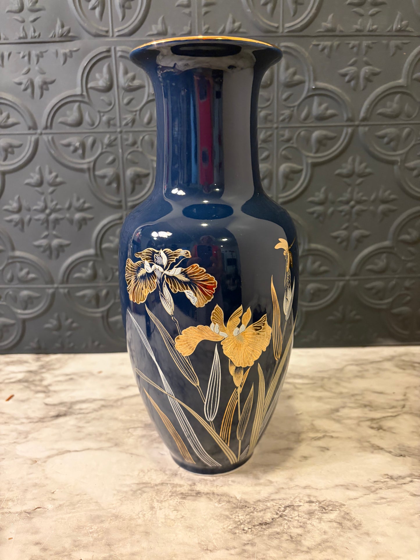 Japanese Cobalt Blue Vase with Iris and gold trim