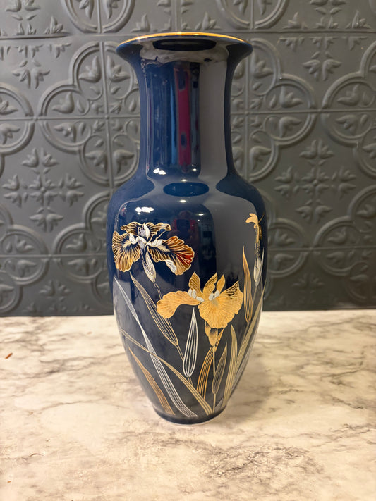 Japanese Cobalt Blue Vase with Iris and gold trim