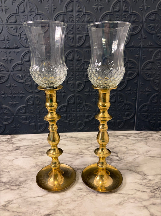 Set of Brass Candle Holders wth Glass Hurrican Japanese
