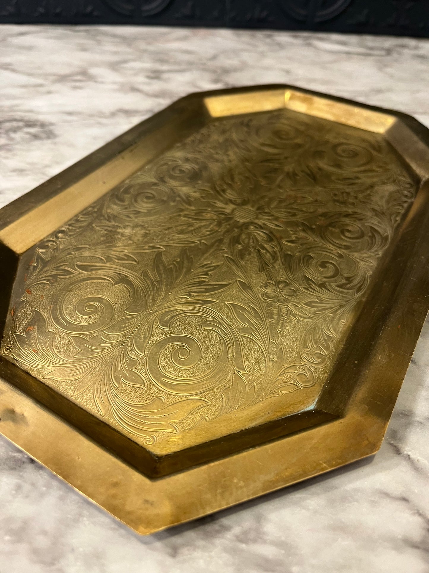 Octagon Etched Brass Tray with scrollwork