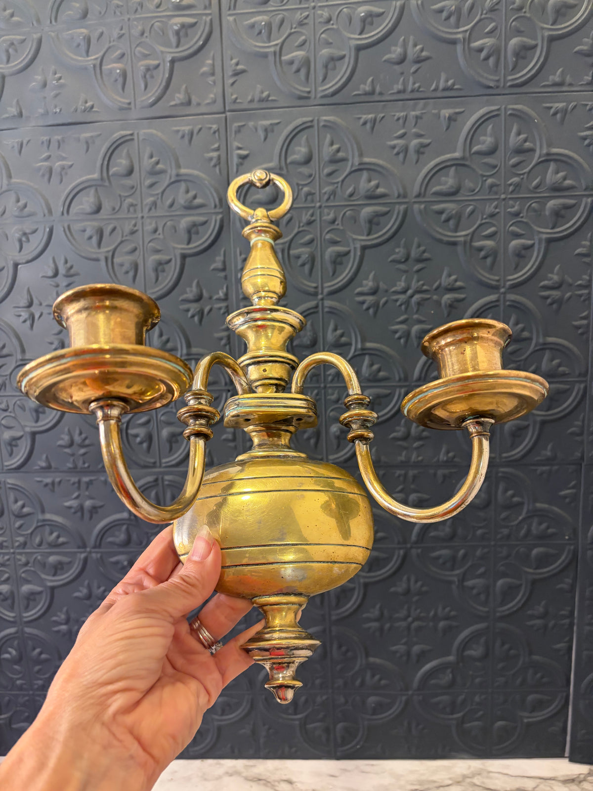 Double Arm Brass Sconce with Weighted Round Base