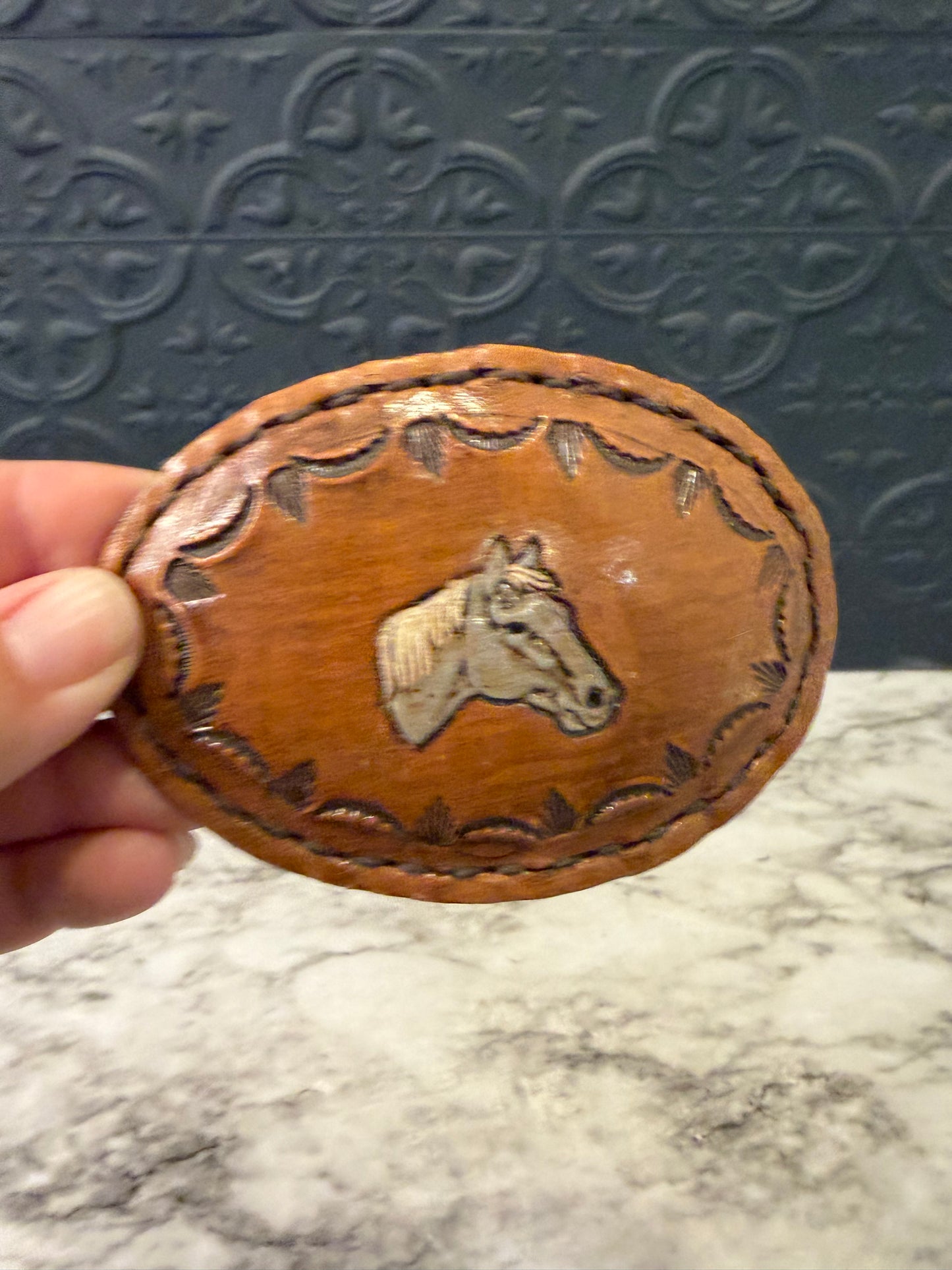 Leather Horse Tooled Belt Buckle