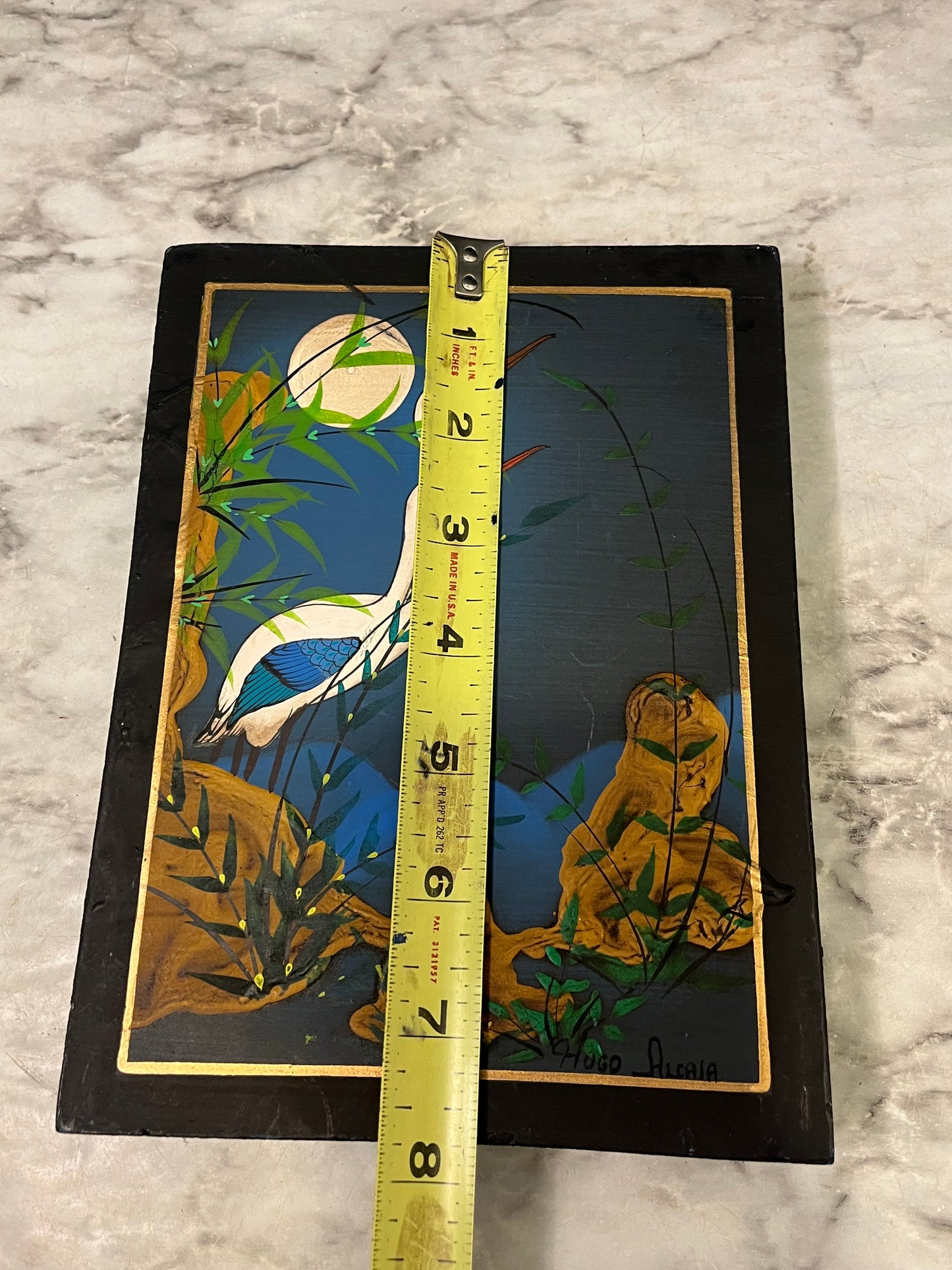 Vintage Stork Painting on Wood by Hugo Alcala