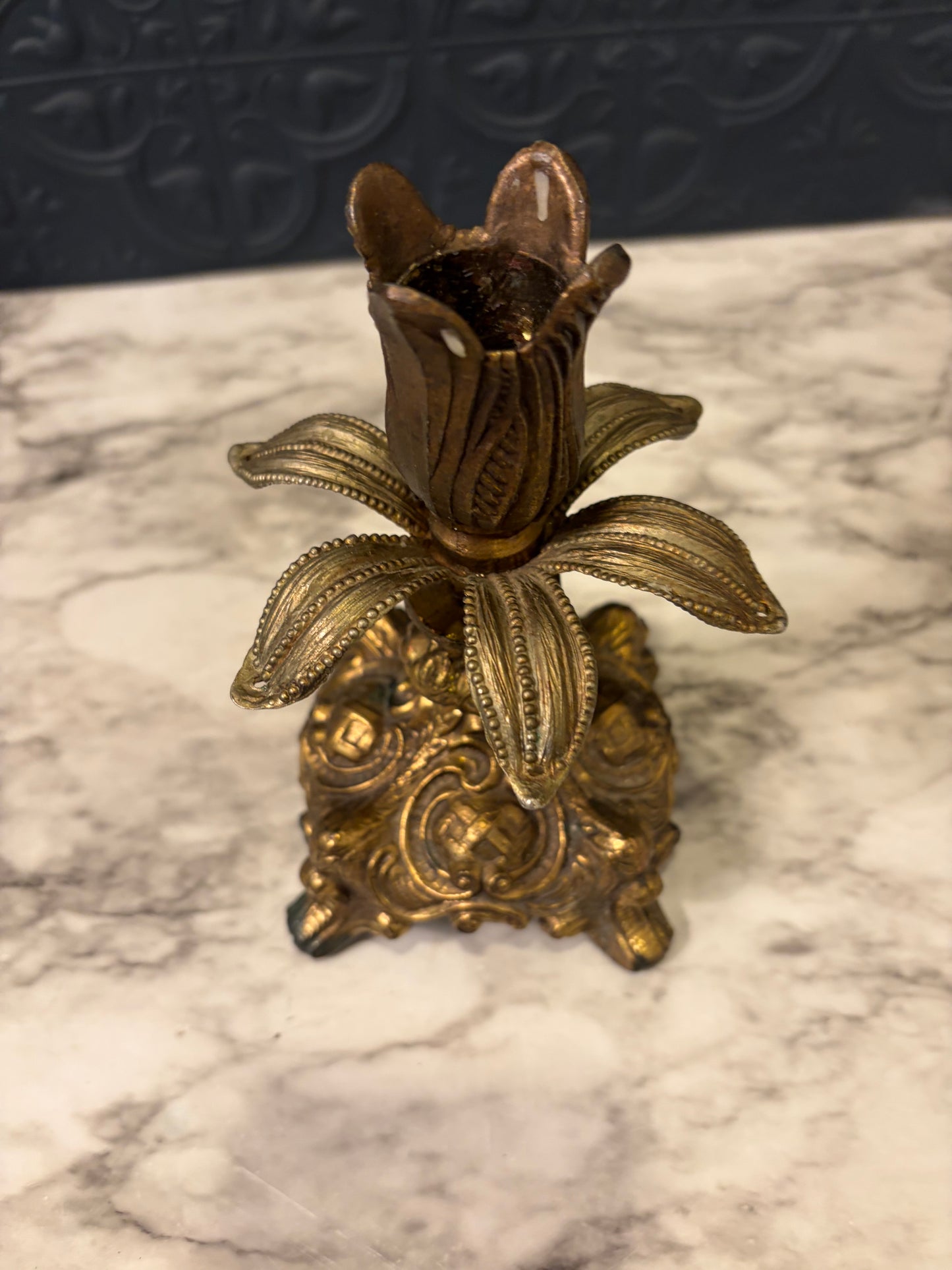 Cast Brass Candle Holder with Ornate Base AS IS