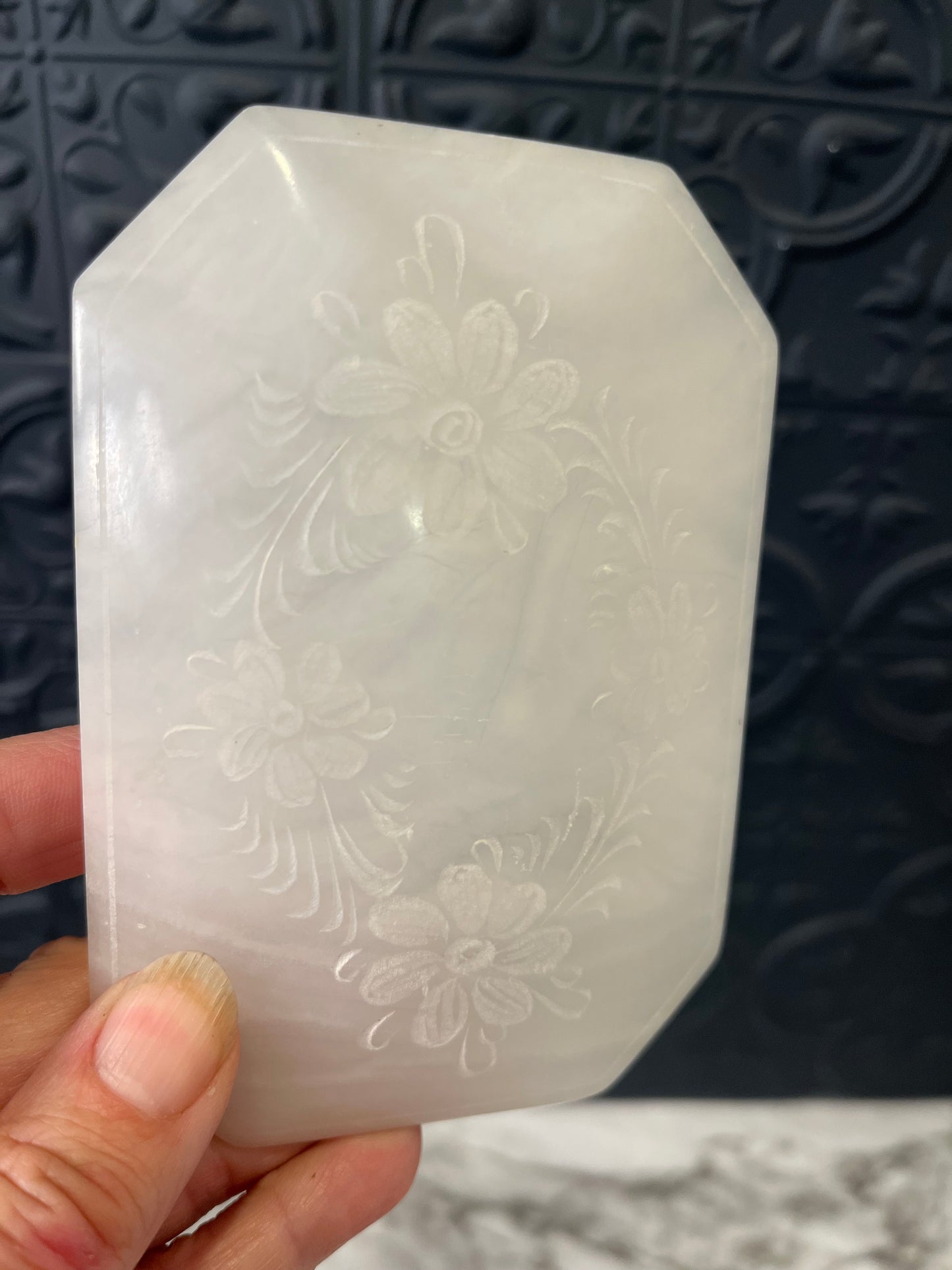 White Stone Etched Trinket Box