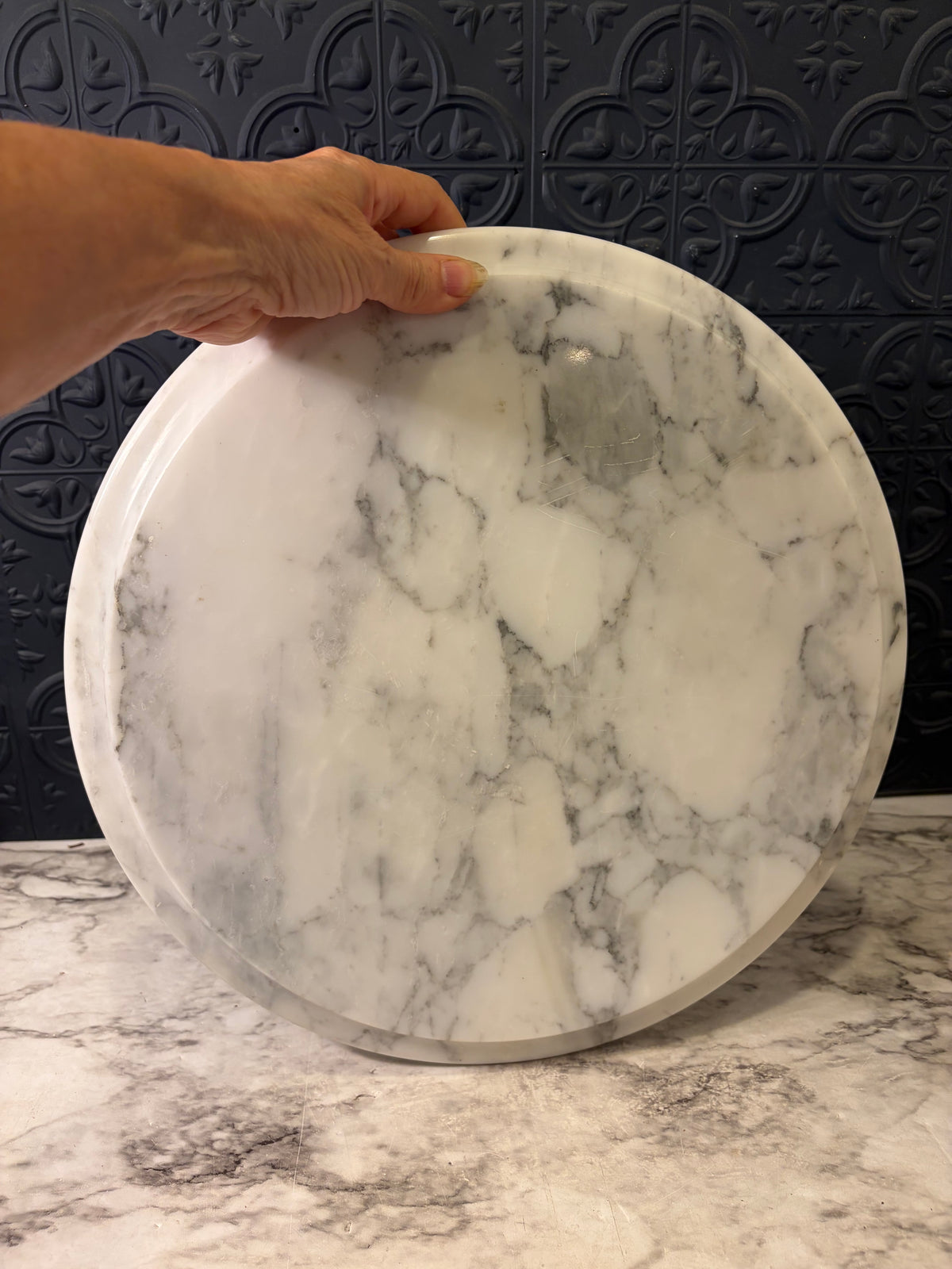 14" Round Marble Tray Grey and white
