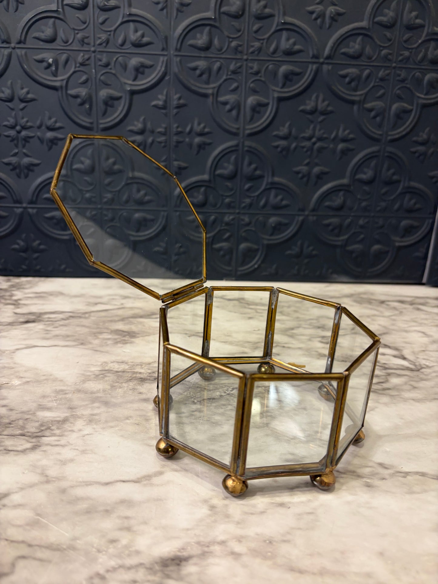 4.5" Octagon Brass and Glass Trinket Box