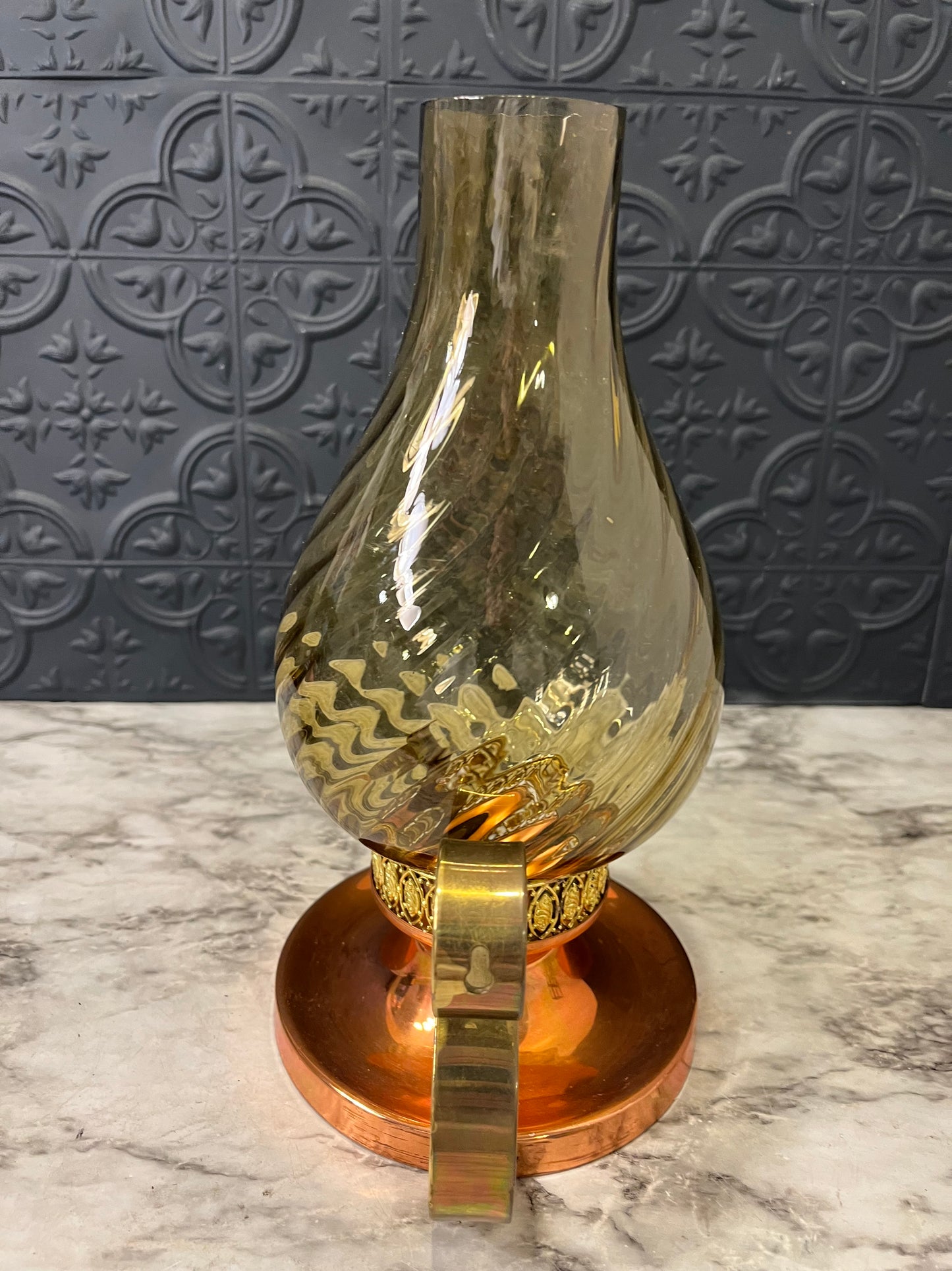Copper and Brass Hurrican Lamp with Smoke Glass
