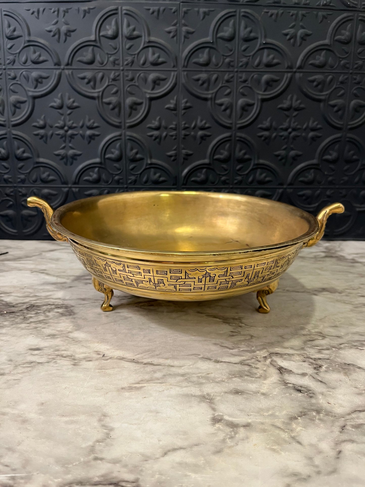 Solid Brass Footed Bowl with Handles and Etching around Rim