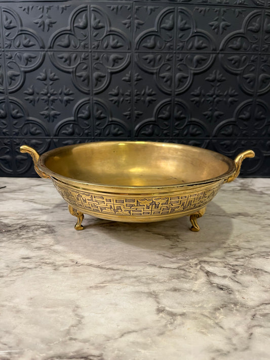 Solid Brass Footed Bowl with Handles and Etching around Rim