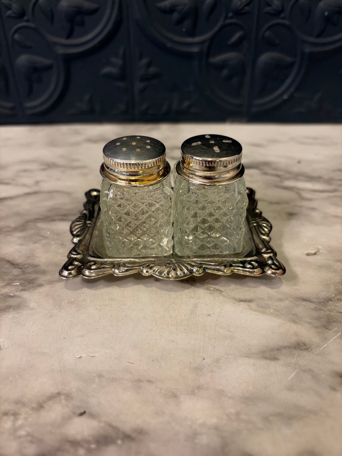Mini Crystal S & P on silverplated Tray