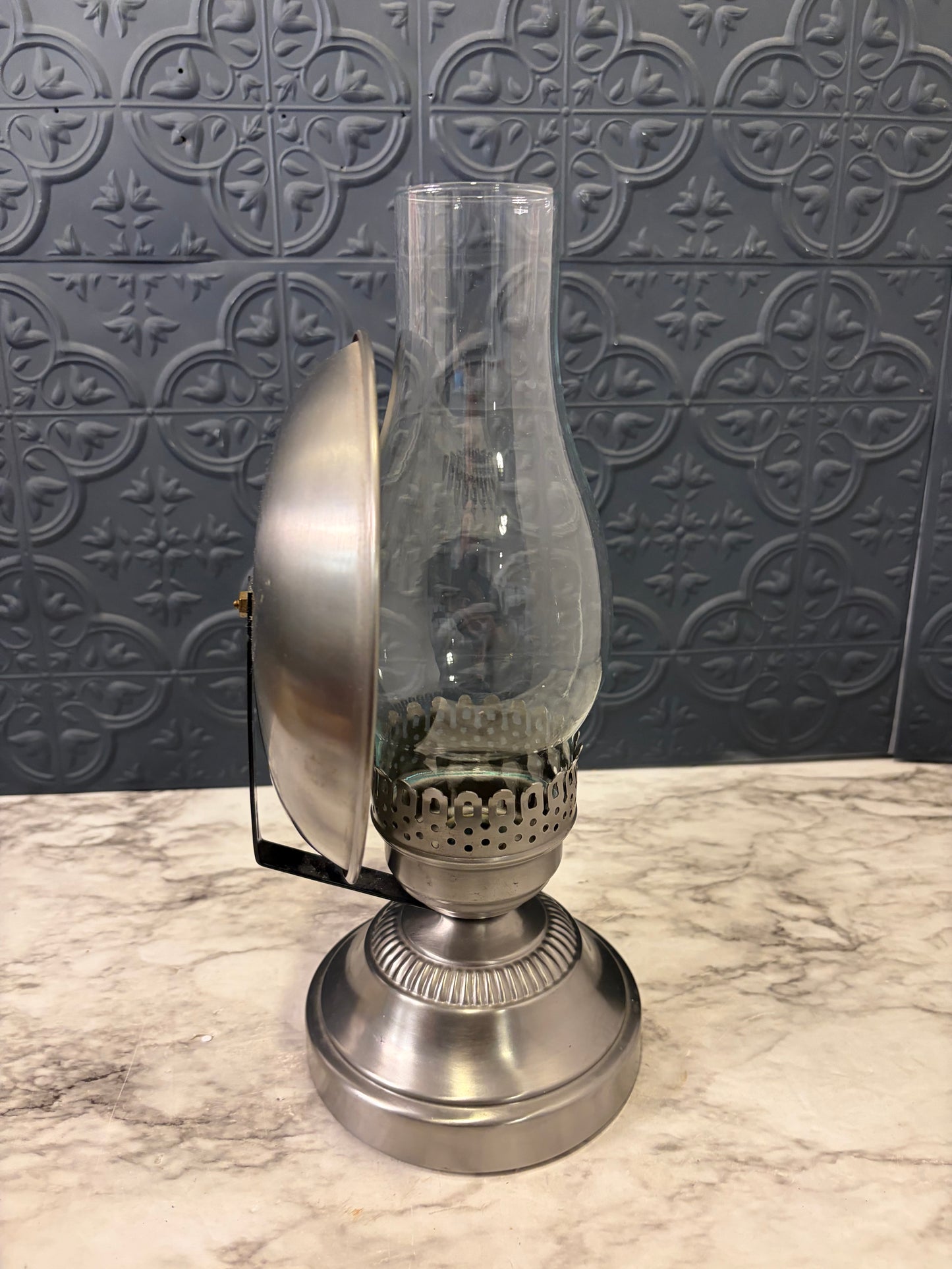 Brushed Nickle Tone Candle Holder with Hurricane