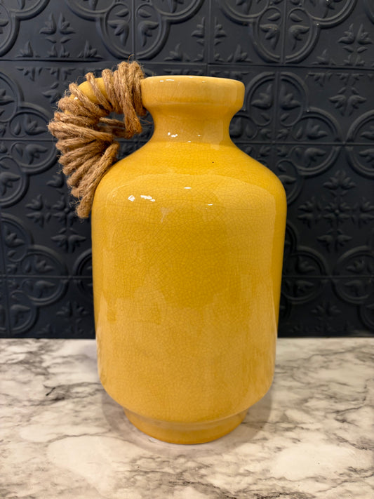Yellow Ceramic Vase with Jute Rope handle