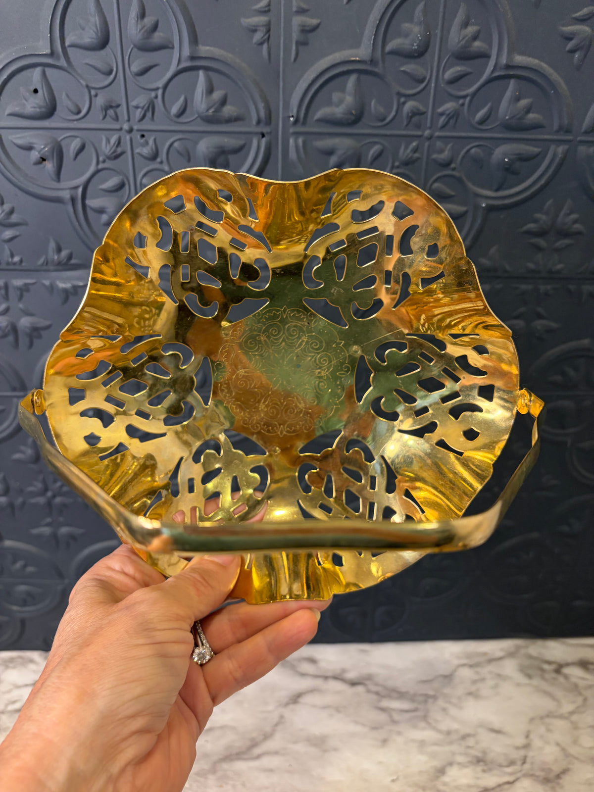 Vintage Brass Basket with Cutouts and Handle