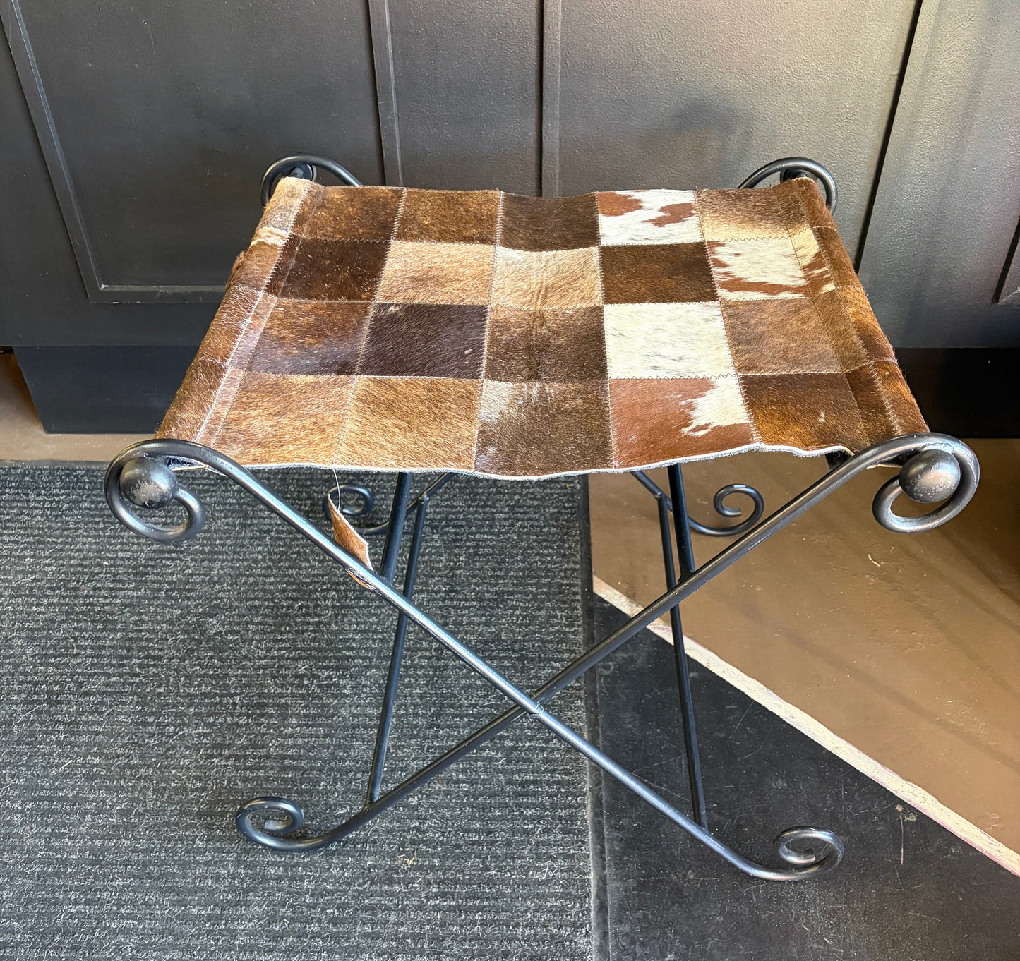 Cowhide Sling Stool with Metal Legs