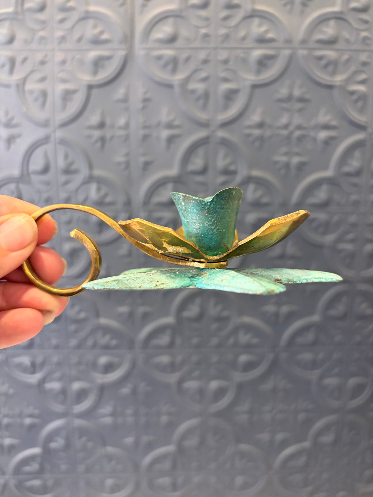 Patina Brass Lotus Flower Candle Holder